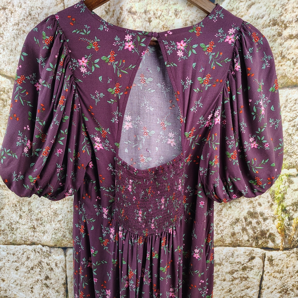 Old Navy Purple Floral Dress Puff Sleeve Open Back Size Medium - Picture 12 of 14